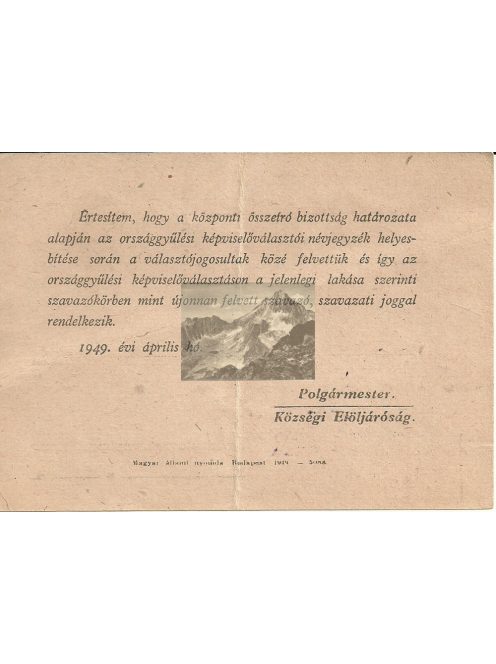 Értesítő országgyűlés választás névjegyzék, 1949