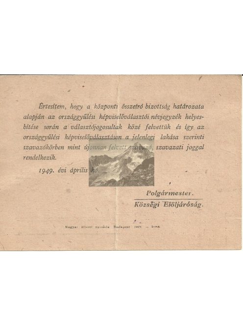 Értesítő országgyűlés választás névjegyzék, 1949