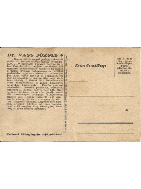 Dr. Vass József emléklap 1930-as évek, Tolnai Világlap 