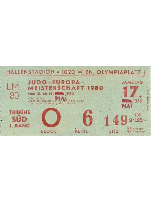 JUDO Európa Meisterschaft belépőjegy, Bécs, 1980