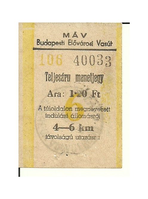 MÁV Budapesti Elővárosi Vasút jegy, 1955