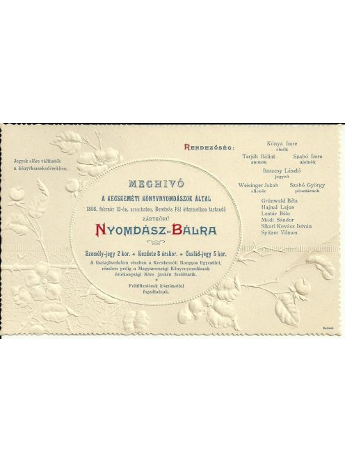 Kecskeméti Könyvnyomdászok zártkörű Nyomdász-Bál meghívó, 1898. február 12.