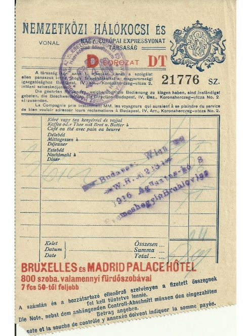 Nemzetközi Hálókocsi jegy 1916 Budapest - Bécs