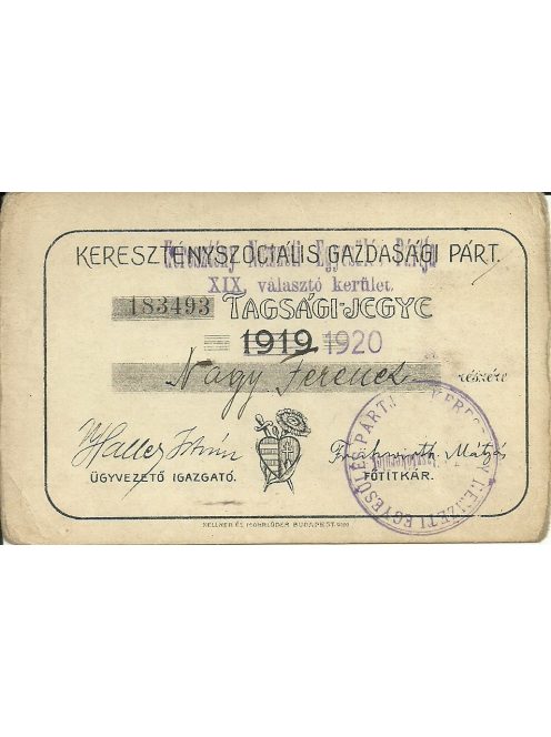 Keresztényszociális Gazdasági Párt tagsági-jegy 1920