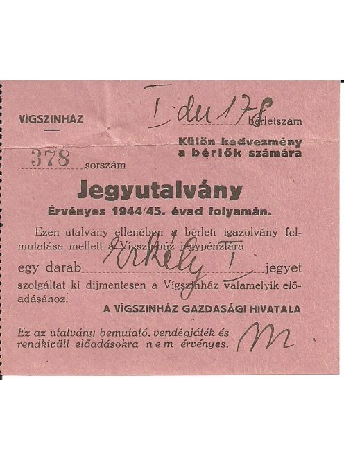 Vígszínház jegyutalvány 1944/45