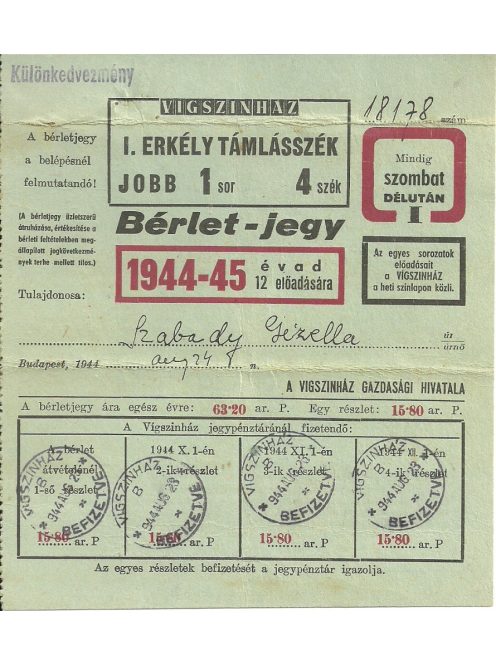 Vígszínház erkély bérlet 1944/45