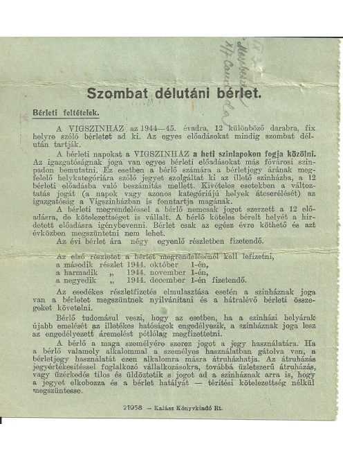 Vígszínház erkély bérlet 1944/45