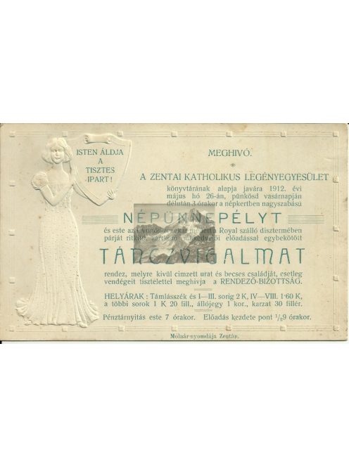 ZENTAI KATHOLIKUS LEGÉNYEGYESÜLET NÉPÜNNEPÉLY meghívó, 1912.
