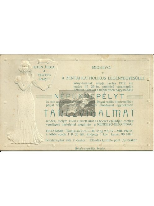 ZENTAI KATHOLIKUS LEGÉNYEGYESÜLET NÉPÜNNEPÉLY meghívó, 1912.