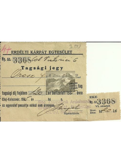 ERDÉLYI KÁRPÁT EGYESÜLET, Tagsági jegy, 1935
