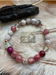   Boldogságfokozó ásvány karkötő - Kunzit, Hegyikristály, Pink tigrisszem, matt Zebra jáspis, Rodokrozit ( 18cm )