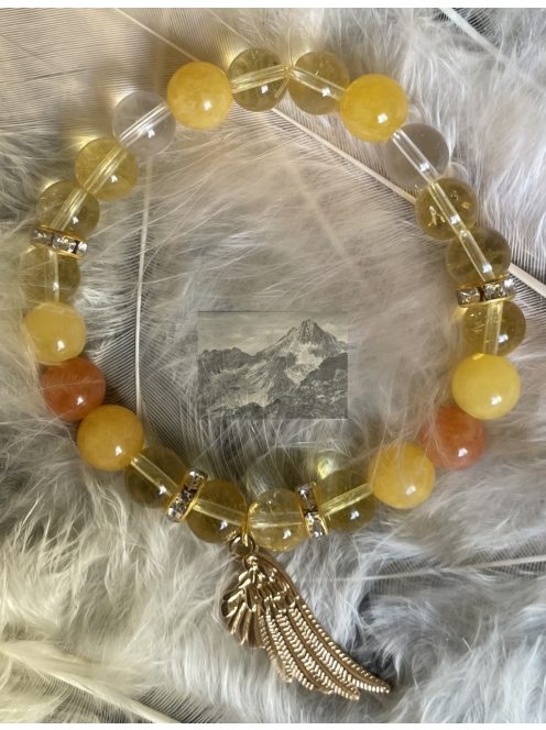 Bőségfény ásvány karkötő, Citrin, Napkő, Sárga achát, Hegyikristály (18cm)