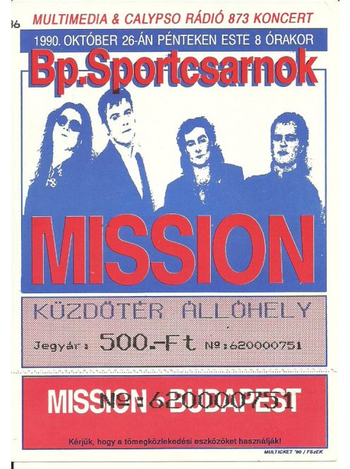 MISSION koncert jegy 1990, Budapest Sportcsarnok